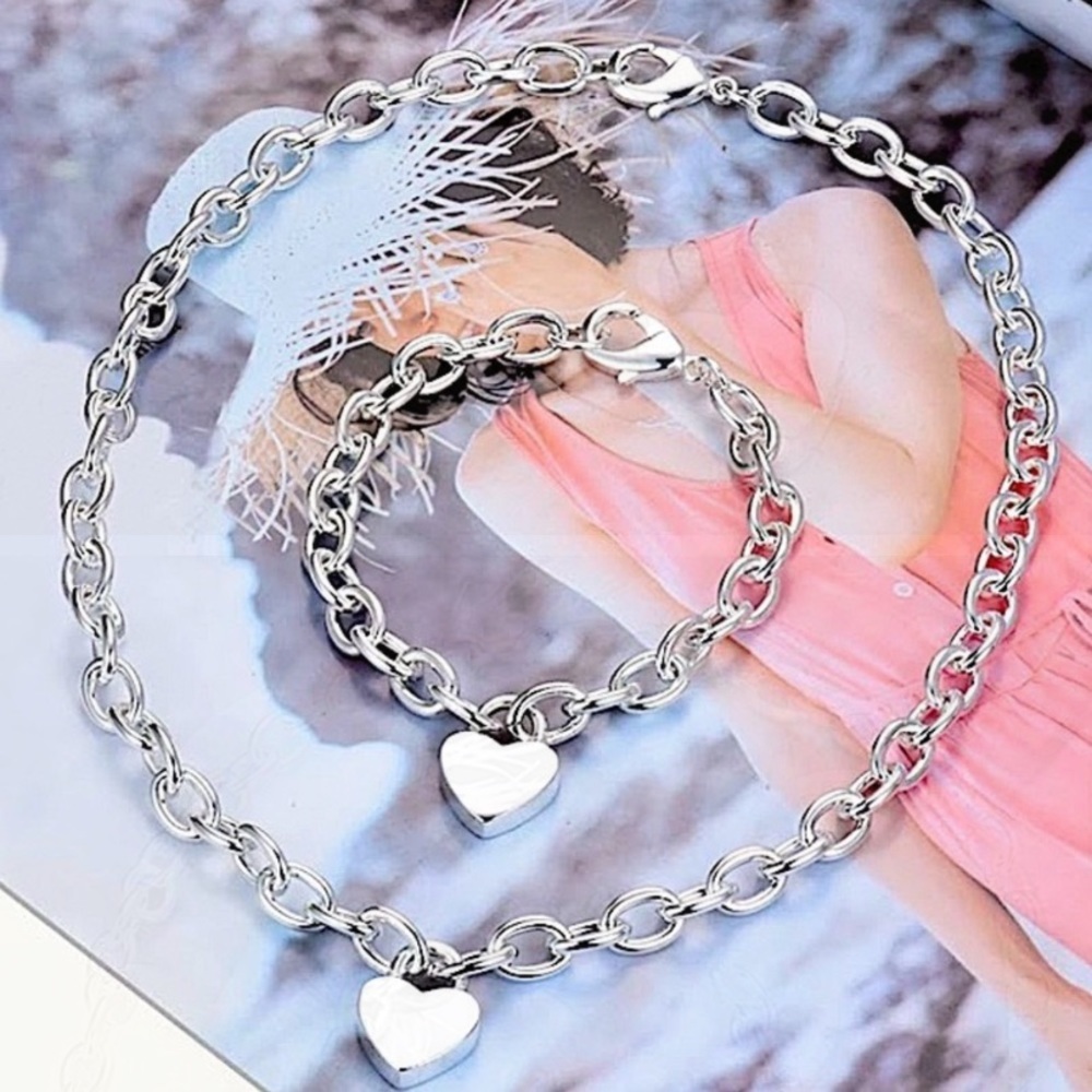 Sterling Silver Heart Lock Necklace Bracelet Chain Link Matching Set - Picture 2 of 6